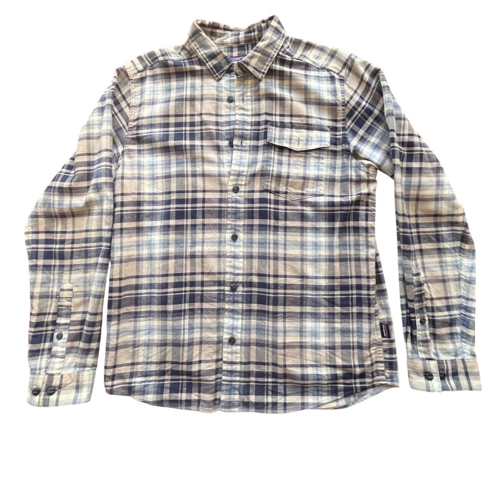 Patagonia Mens‎ Organic Cotton Plaid Flannel Button Down Shirt Blue Cream Size M